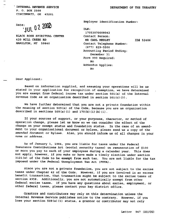 IRS Status Black Rose Spiritual Center